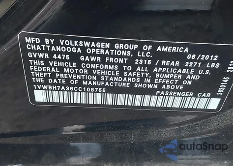 2012 Volkswagen Passat 2.5L Se z USA, uszkodzony, nr VIN 1VWBH7A36CC108755